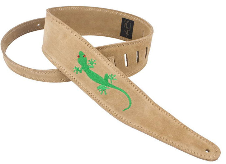 Henry Heller Soft Suede Guitar Strap with Embroidery - Sand with Gecko
