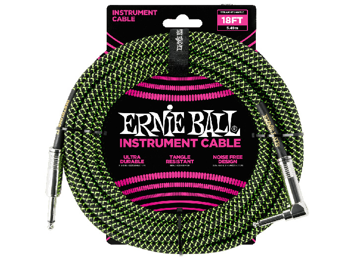 Ernie Ball Cloth Jacketed Instrument Cable 18' - Black/Green